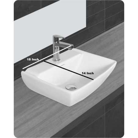 Belmonte Ceramics Table Top cum Wall Hung Wash Basin Volvo Glossy Finish 18 x 14 x 6 Inch White