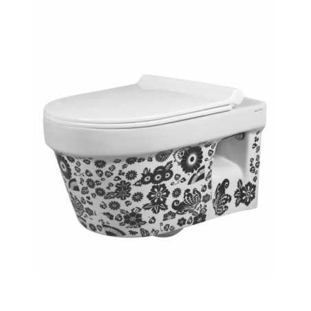 Belmonte Ceramic Wall Mounted / Hung Rimless Western Toilet Retro 50cm x 36cm x 34cm Printed White