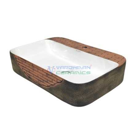 Designer Brick Table Top Basin Ark-02 White & Brown - Belmonte