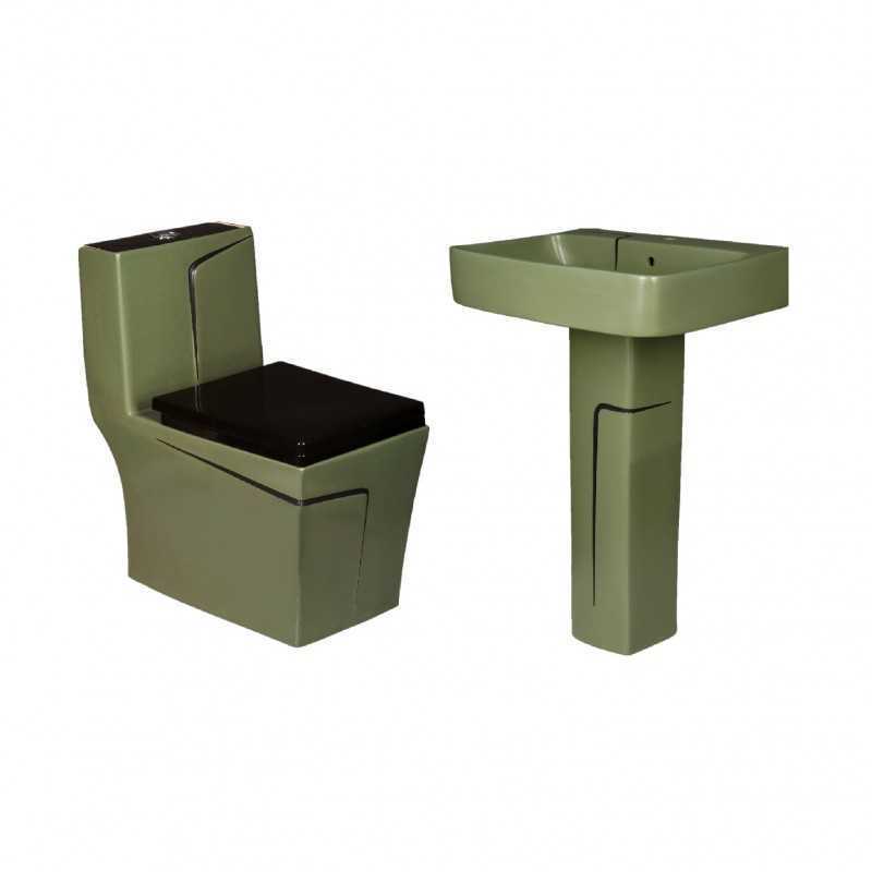 Belmonte Combo of Rimless Designer Western Toilet and Pedestal Wash Basin - Green & Black - Matt Finish