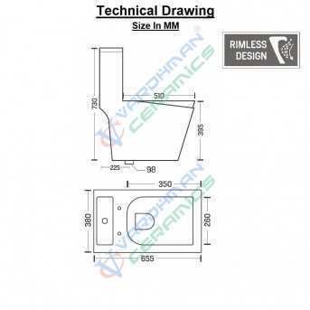 Belmonte White Glossy Ceramic Floor Mount Rimless Flushing Toilet, S-Trap Outlet on Floor, 225mm/9in Trap Distance