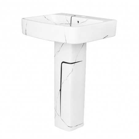 Belmonte Designer Pedestal Wash Basin | Wall Mount | Ceramic | White with Black Print | 22x18x32 Inch