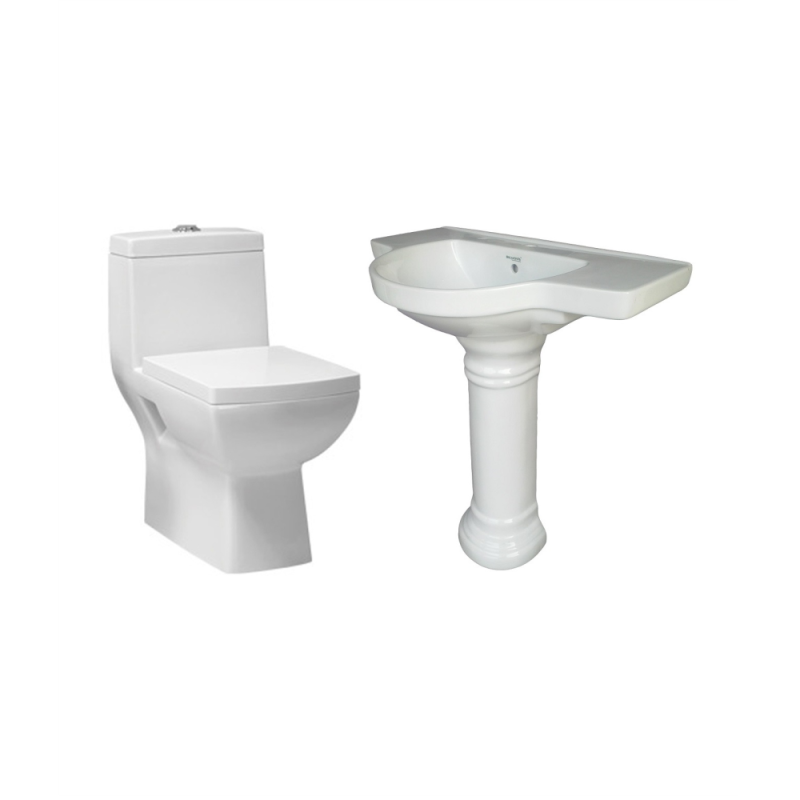 Combo of BM Belmonte Western Commode Square with Counter Pedestal Wash Basin - White