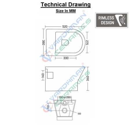 Belmonte Sanitee Rimless Wall Hung Toilet - White Glossy Ceramic, Wall Mount, 520x360x340 mm