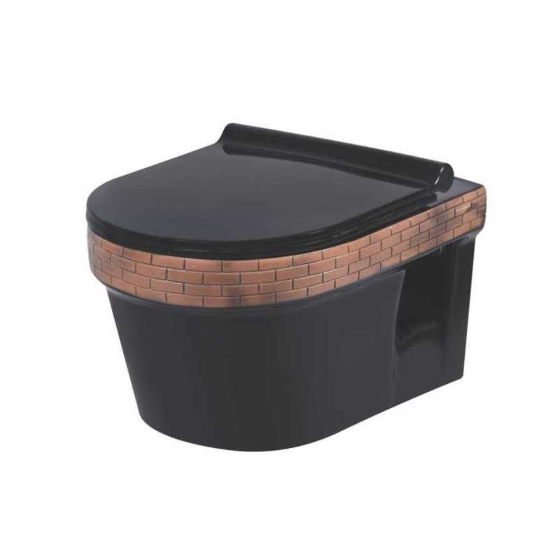 Belmonte Designer Rimless / Rimfree Wall Hung Commode / Western Toilet Retro with Slow Motion Slim Seat Cover Bricks Black