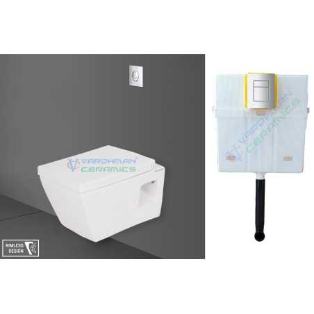 Belmonte Combo of Rimless Commode Wall Mount Entic with Pneumatic Concealed Cistern - White