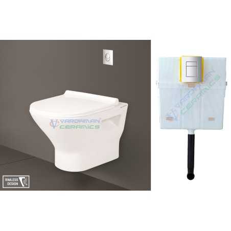 Rimless Toilet Wall Hung with Cistern Pneumatic Sanitee White Combo - Belmonte